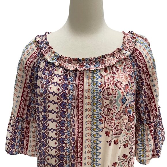Boho Chic I.N.N.Y. Patchwork Print Dress Ruffled Neckline 3/4 Sleeves S Cottage - Picture 8 of 11